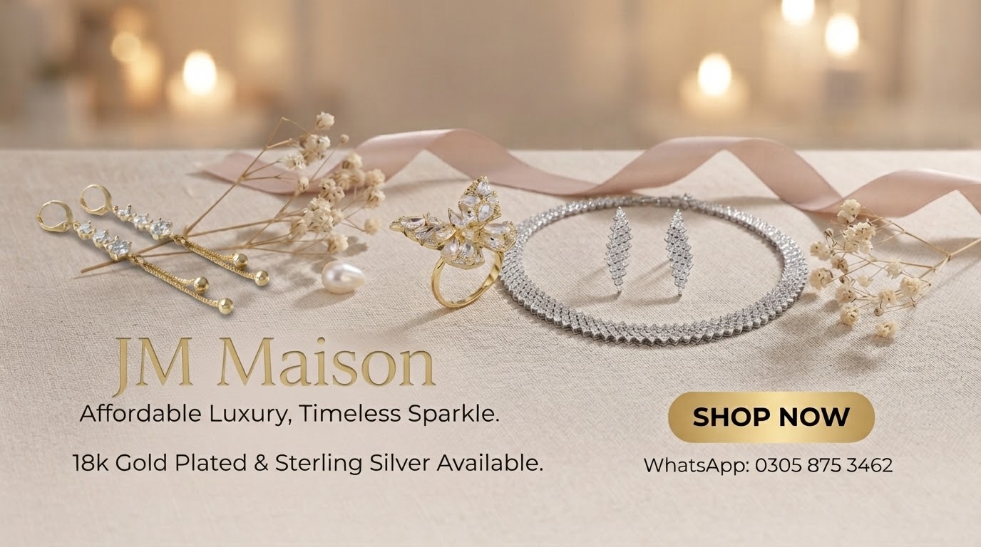 JM Maison — Affordable luxury, timeless sparkle. 18k gold plated and sterling silver available. Shop now. WhatsApp 0305 875 3462