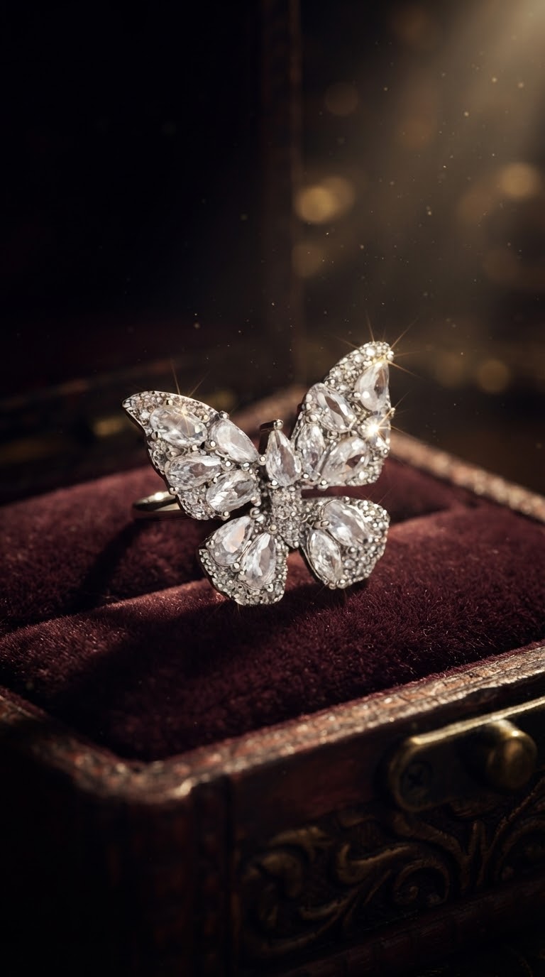 Close-up of the Amira Crystal Butterfly Ring by JM Maison